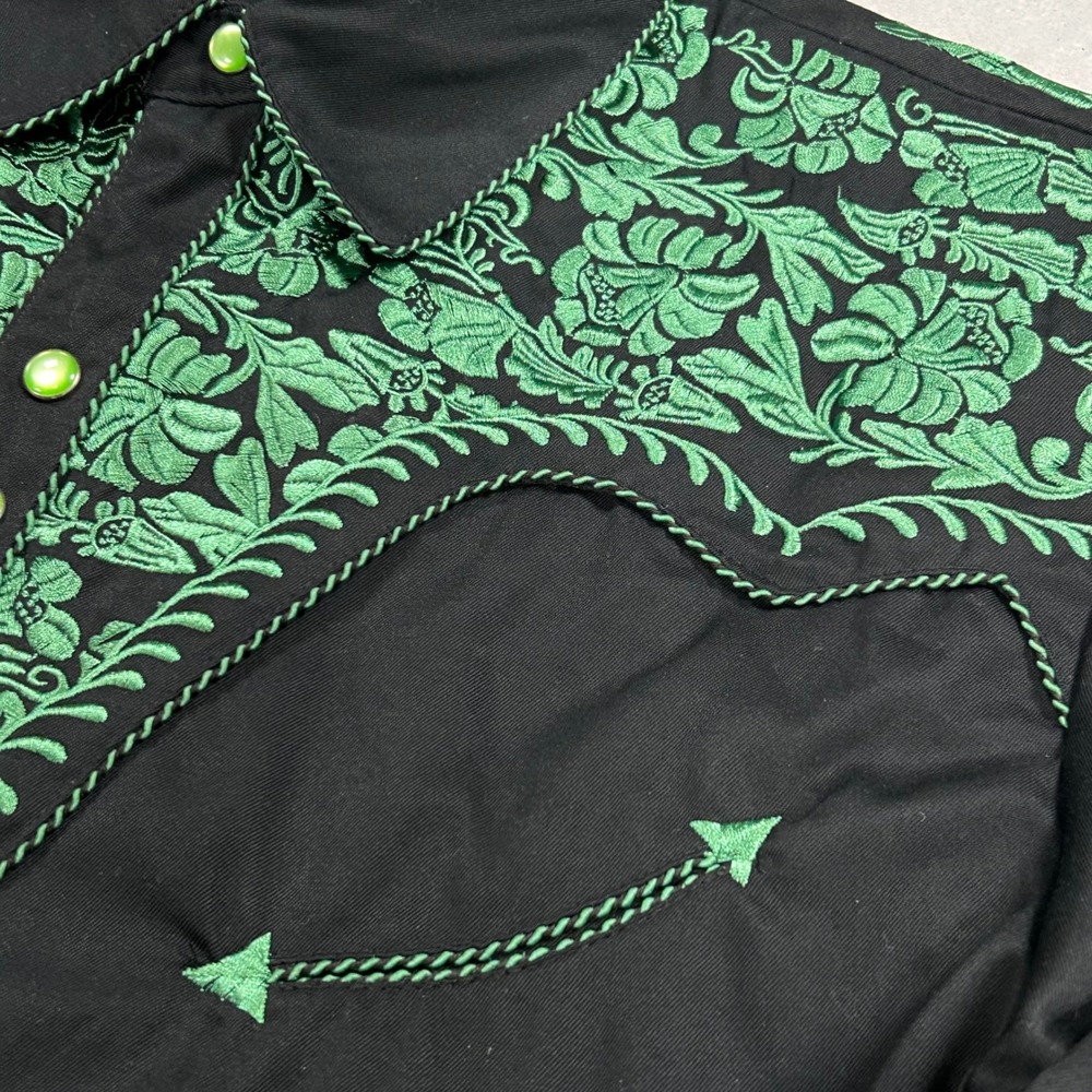 Scully Mens Western Gunfighter Shirt Black Green Embroidered Pearl Snap P-634 L - Picture 2 of 11